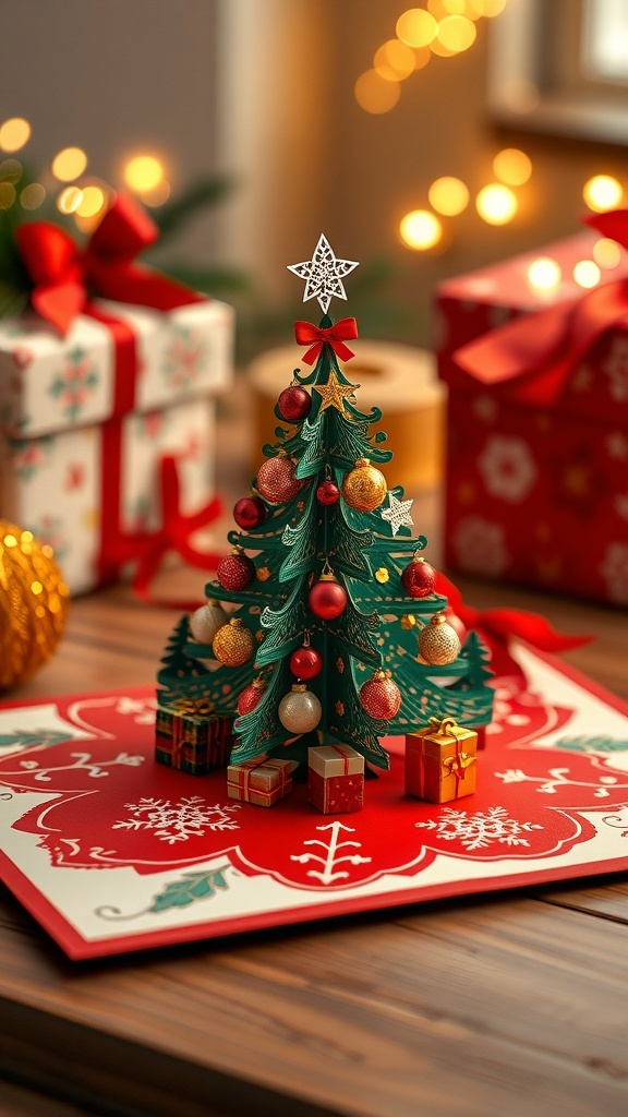 A 3D handmade Christmas card with a pop-up tree and decorations in a festive setting.